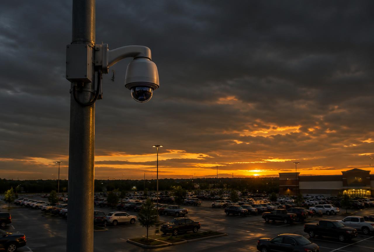Pole-mounted surveillance camera covering a municipal parking area at dusk
